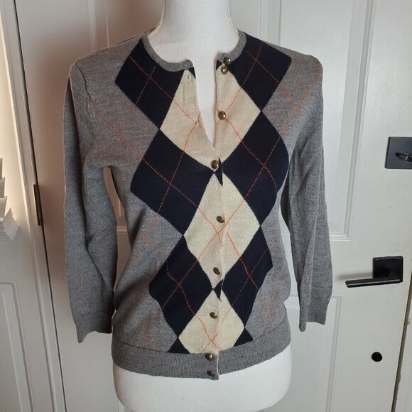 J. Crew Cardigan‎ Sweater Small Gray Blue Argyle Button Up Preppy Merino Wool - Picture 1 of 13